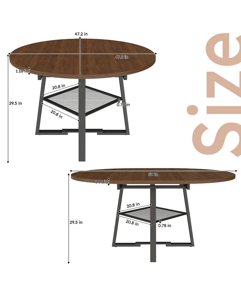 Streamdale Furniture 47" Extendable Round Dining Table with Storage, Walnut Finish & Metal Frame