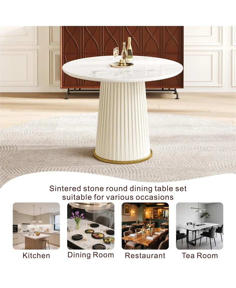 Streamdale Furniture Modern 35.43" Round Dining Table, Glossy Sintered Stone Top, Pu Leather Pedestal