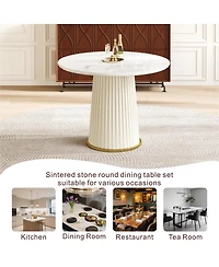 Streamdale Furniture Modern 35.43" Round Dining Table, Glossy Sintered Stone Top, Pu Leather Pedestal