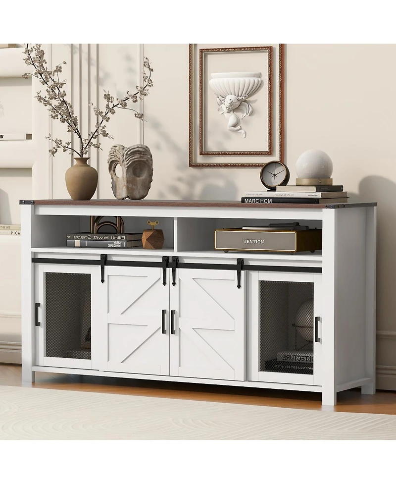 Streamdale Furniture 59.3" Farmhouse Barn Door Sideboard with Mesh Panels and Open Storage