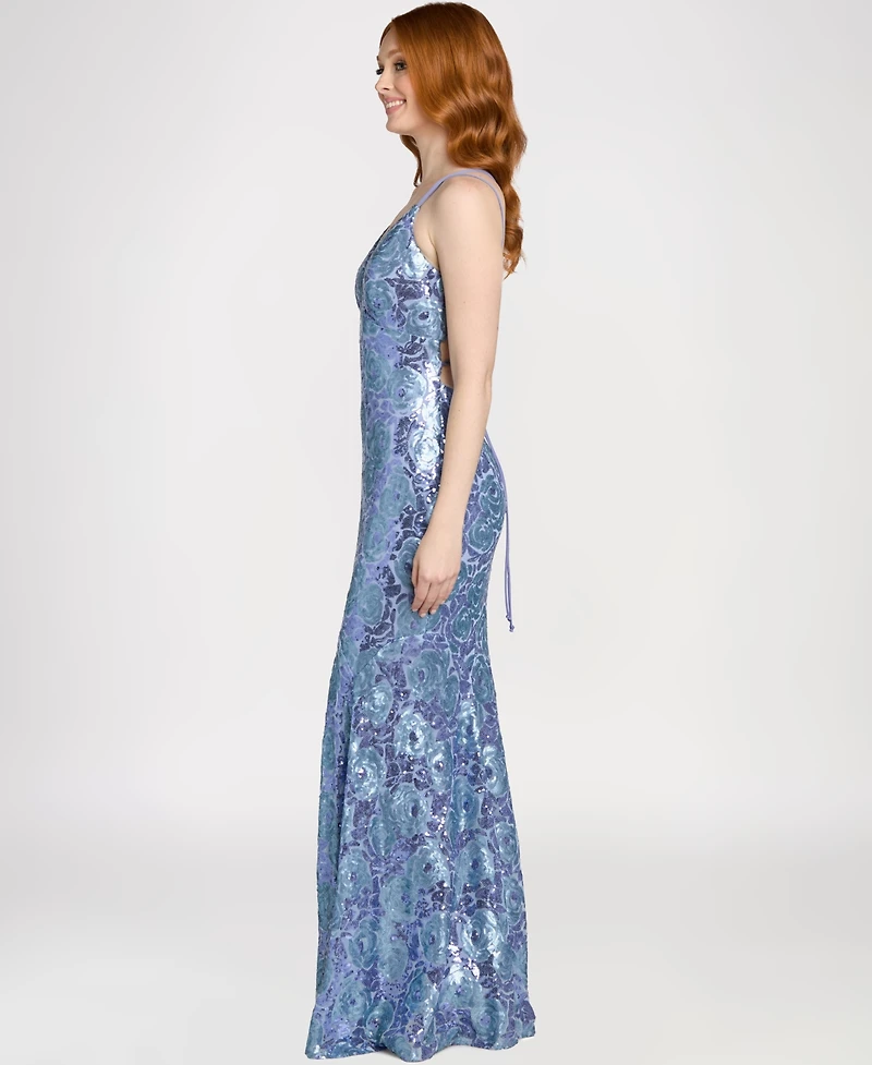 Morgan & Company Juniors' Sequin Floral Pattern V-Neck Ball Gown, Regular Plus