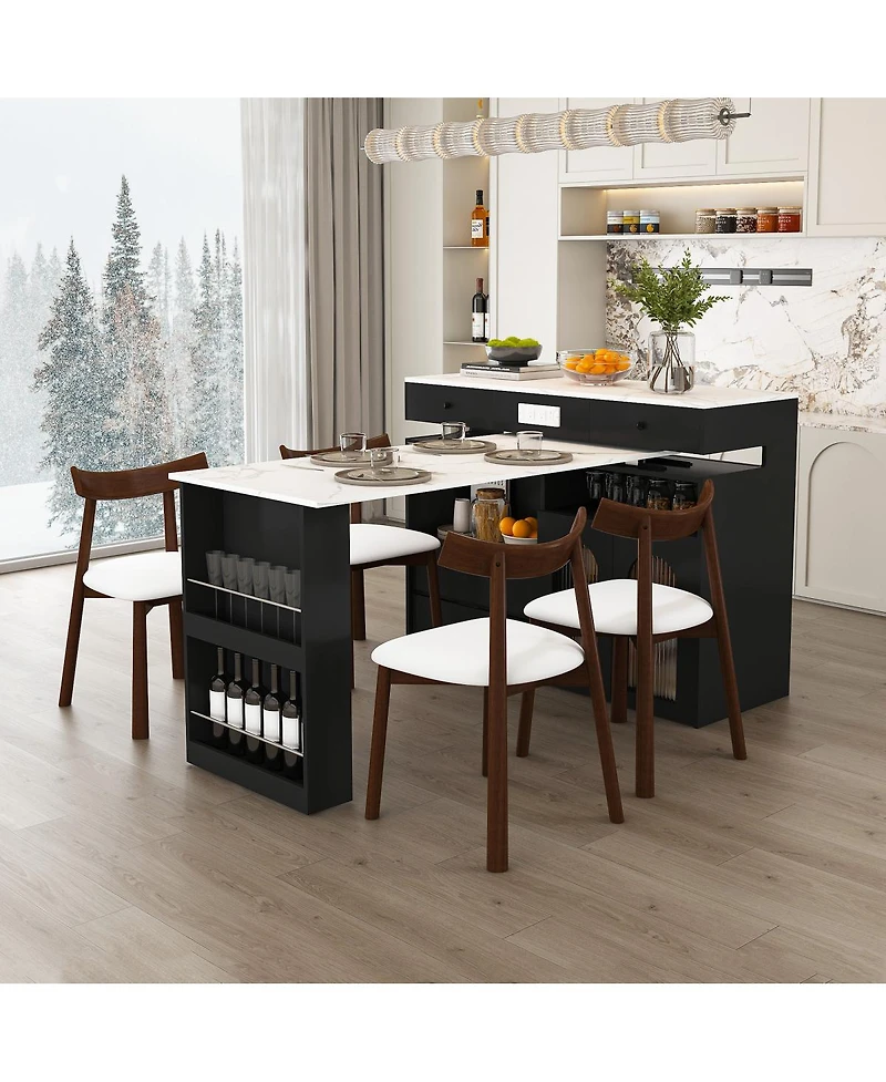 Streamdale Furniture Kitchen Island Set with 4 Chairs, Extendable & Rotating Table, Mdf Marble Veneer