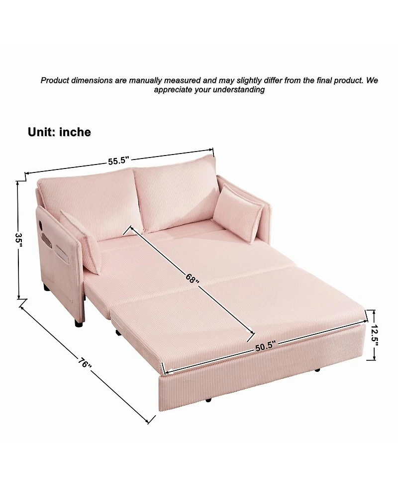 Streamdale Furniture 55" Convertible Sofa Bed with Usb Ports, Modern Corduroy Couch, Pink