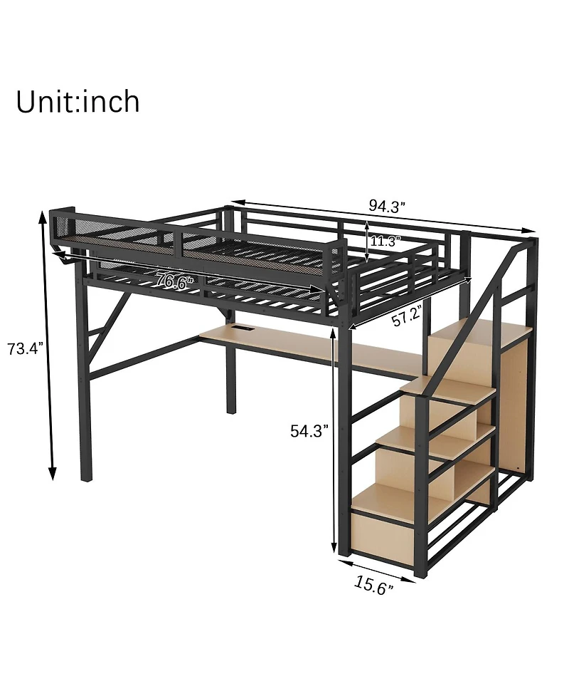 Streamdale FurnitureFurniture Full Loft Bed with Desk, Stairs & Charging Station, Black