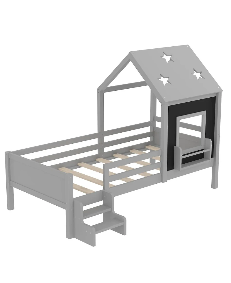 Streamdale Furniture Twin House Bed with Stairs, Window, Bookcase, Blackboard, Star Roof