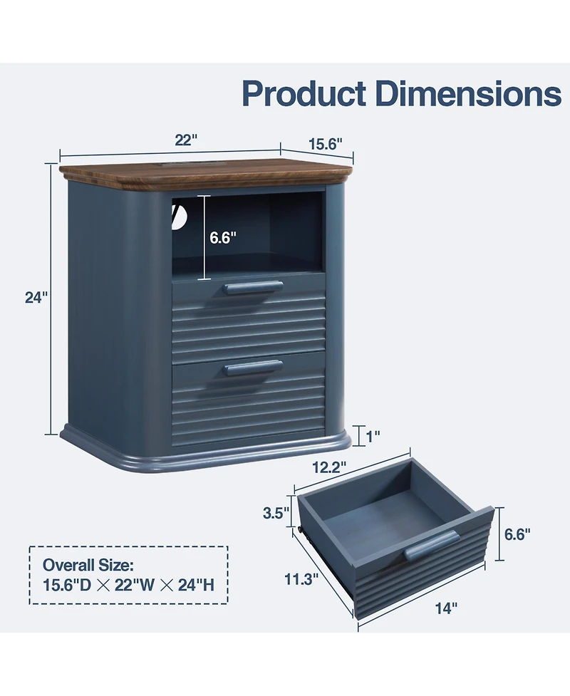 Rainsken 22" Fluted Nightstand with Charging Station, Modern Bedside Table with 2 Drawers and Open Storage for Living Room