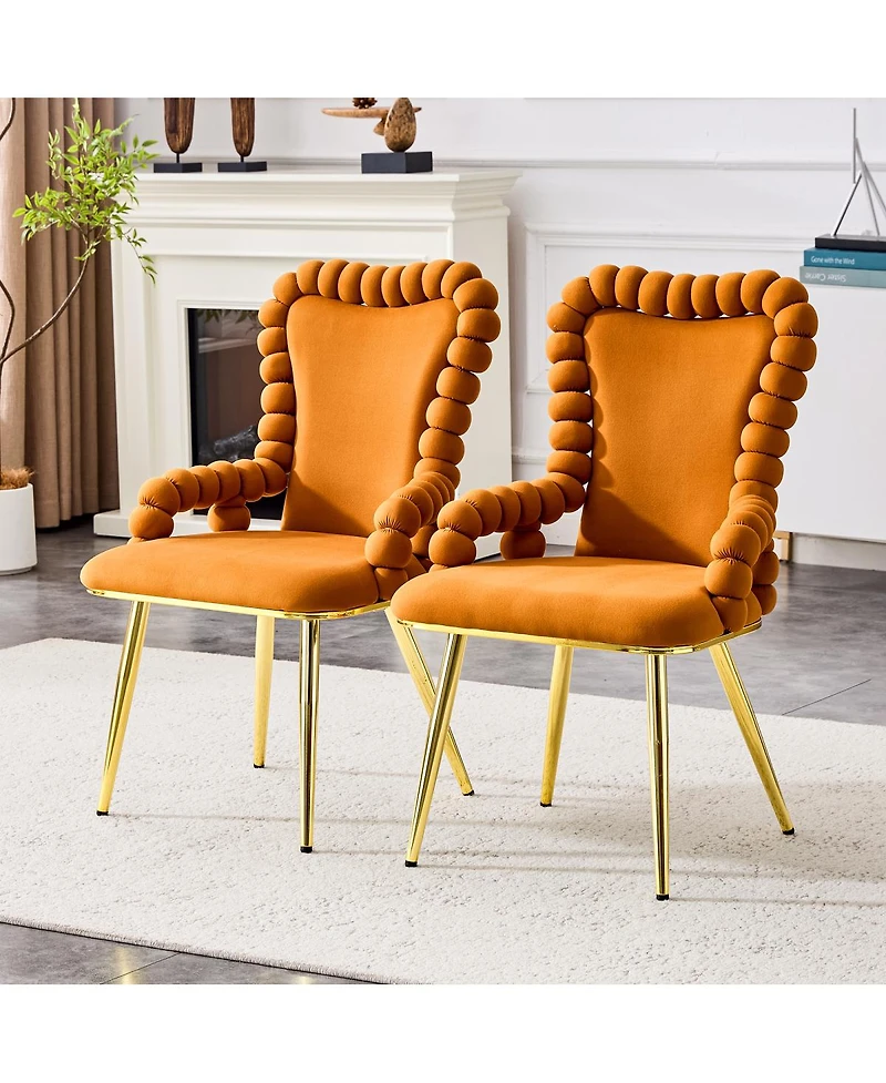 Streamdale Furniture Set of 2 Orange Puffy Bubble Chairs with Gold Legs, Velvet Dining Chairs