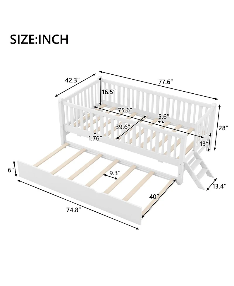 Streamdale Furniture Wood Platform Bed with Guardrail and Trundle