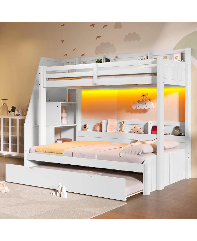 Streamdale Furniture over Full Bunk Bed with Storage Stairs, Trundle, Led, Usb