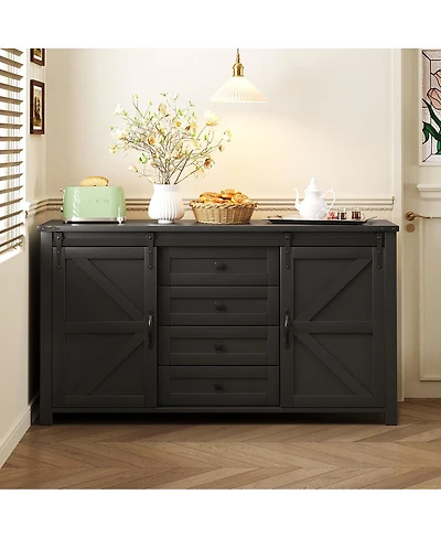 Streamdale Furniture 55.1-Inch Farmhouse Sideboard with Sliding Barn Doors & 4 Drawers
