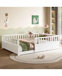 Streamdale Furniture Montessori Wooden Floor Bed with Security Barrier and Door, White