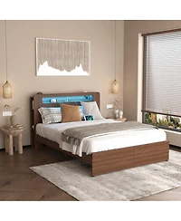 Streamdale Furniture Wooden Queen Farmhouse Bed Frame with Bookcase, Storage Drawers & Led Headboard