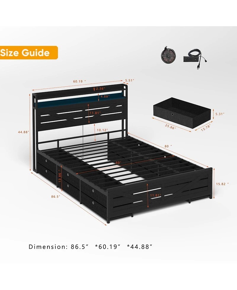 Streamdale Furniture Queen-size bed frame with storage headboard, 12 drawers, Led lights, Black.