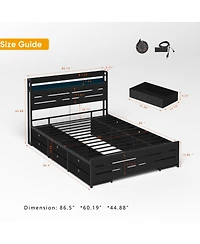 Streamdale Furniture Queen-size bed frame with storage headboard, 12 drawers, Led lights, Black.