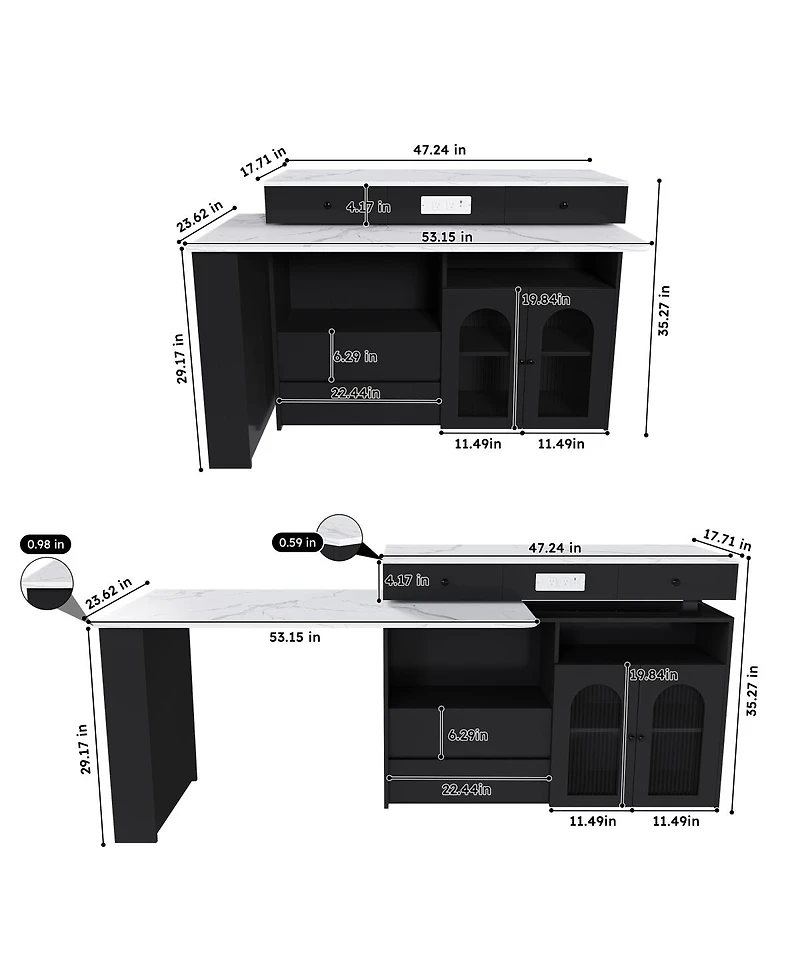 Streamdale Furniture Kitchen Island Set with 2 Chairs, Extendable & Rotating Table, Marble Veneer, 4 Drawers & Cabinets