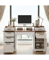 Streamdale Furniture Farmhouse Office Desk with Charging Station & Storage Cabinet