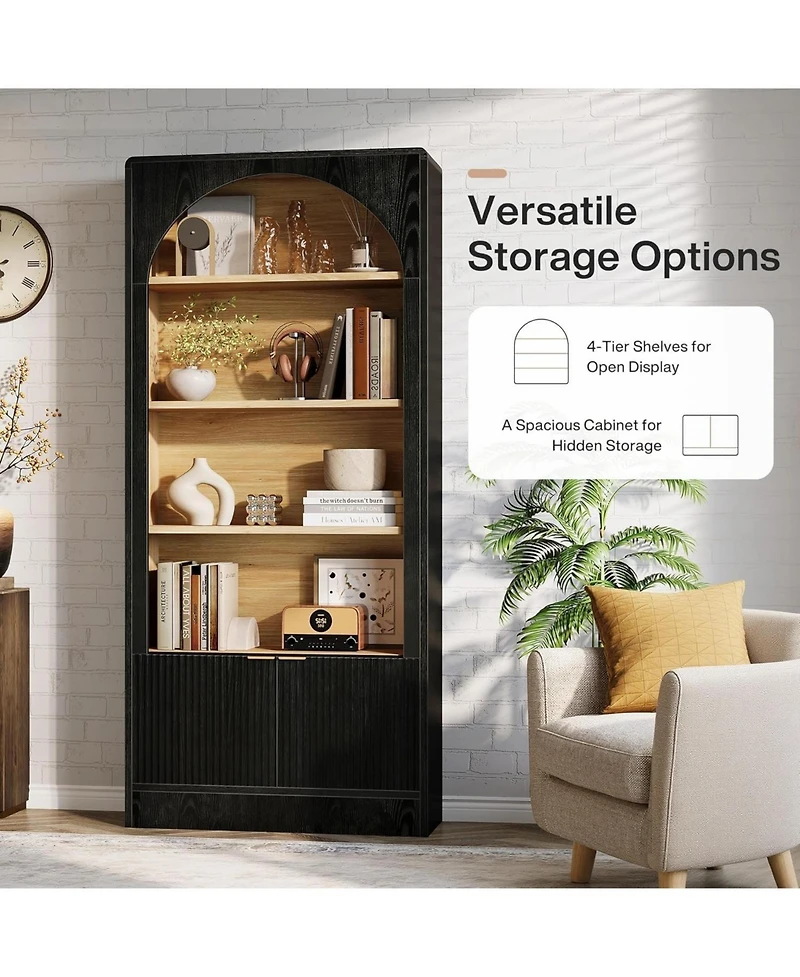 Tribesigns 71" Tall Bookcase, 5-Tier Arched Black Bookshelf with Storage Cabinet and Fluted Doors, Modern Farmhouse Standing Wood Bookshelves
