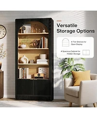 Tribesigns 71" Tall Bookcase, 5-Tier Arched Black Bookshelf with Storage Cabinet and Fluted Doors, Modern Farmhouse Standing Wood Bookshelves