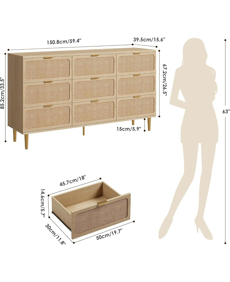 gaomon Rattan 9 Drawer Dresser for Bedroom, Tall Chest of Drawers with Deep Storage and Wide Top, Beige