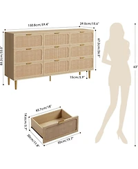 gaomon Rattan 9 Drawer Dresser for Bedroom, Tall Chest of Drawers with Deep Storage and Wide Top, Beige