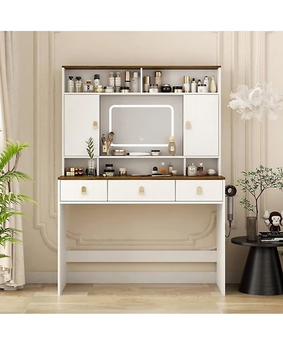 Streamdale Farmhouse Dressing Table with Lighted Mirror and Drawer, White