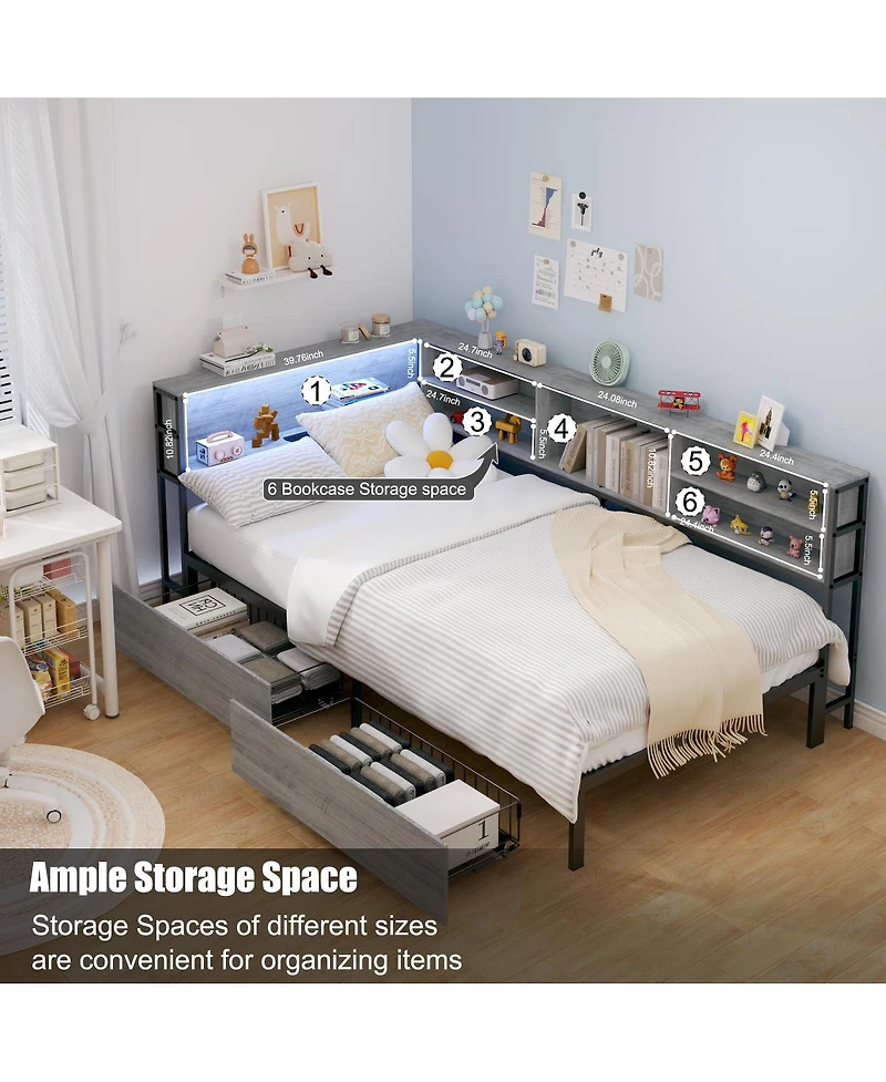 Streamdale Furniture Furniture Twin Corner Daybed with Storage, Bookcase Headboard, Led & Usb