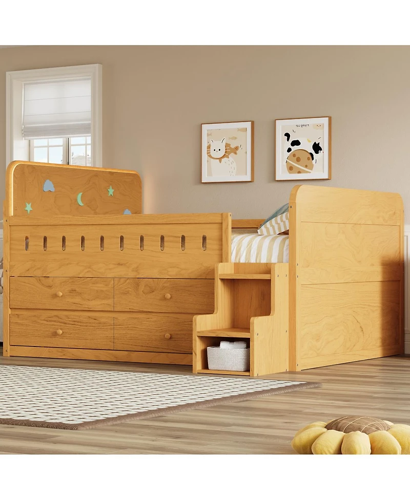 Streamdale Furniture Wooden Full Size Bed with Led Light, Storage Drawers