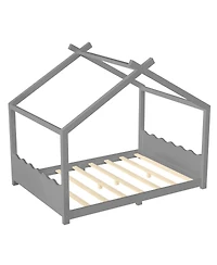 Streamdale Furniture Full House Floor Bed with Support Slats, Solid Wood House Bed Frame for Kids, Gray