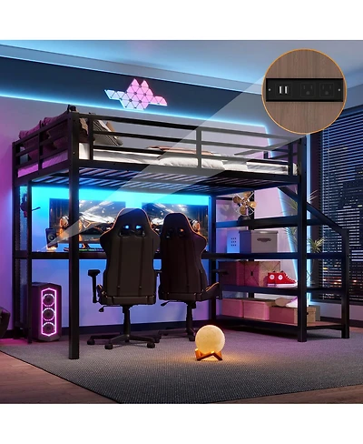 Streamdale Furniture Full Loft Bed with Desk, Storage Stairs, Led Lights & Usb Ports