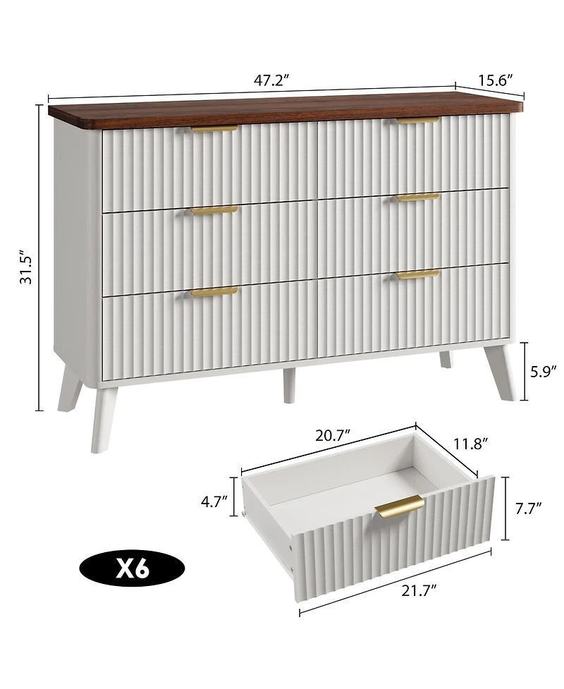 gaomon Fluted Dresser for Bedroom, 6 Deep Drawer Modern Wood Storage Chest