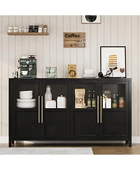 gaomon 55" Buffet Cabinet with 4 Glass Doors, Modern Farmhouse Sideboard with Storage, Black