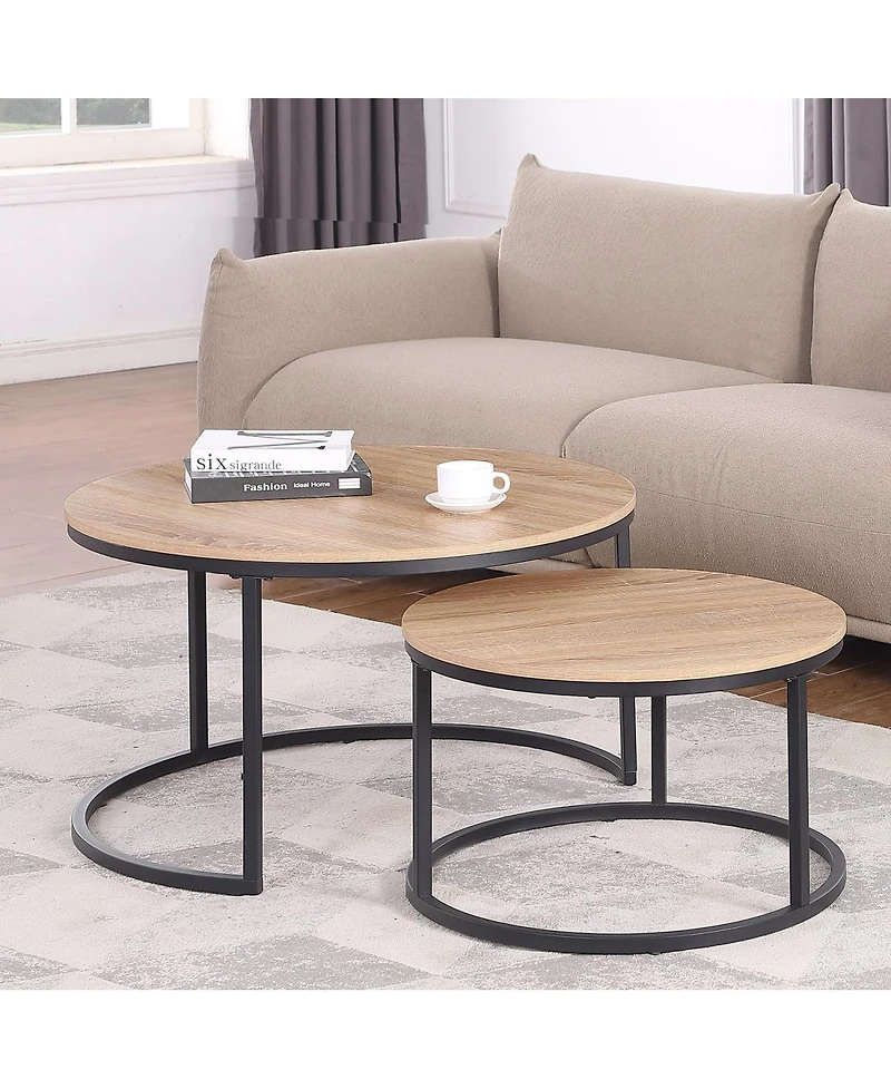 Streamdale Furniture Round Nesting Coffee Table Set, 31.5" Oak & Metal, Modern Industrial Accent Furniture.