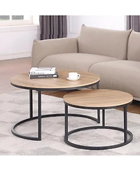 Streamdale Furniture Round Nesting Coffee Table Set, 31.5" Oak & Metal, Modern Industrial Accent Furniture.