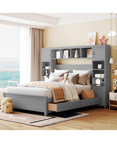 Streamdale Furniture Full Size Wooden Bed With All-in-One Cabinet and Shelf