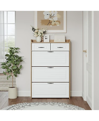 Streamdale FurnitureWhite + Oak 3-Door 2-Drawer Shoe Cabinet with Large Storage