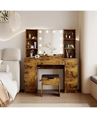 gaomon Led Lighted Vanity Desk with Mirror, Makeup Table with Adjustable Brightness and Open Shelves, Brown