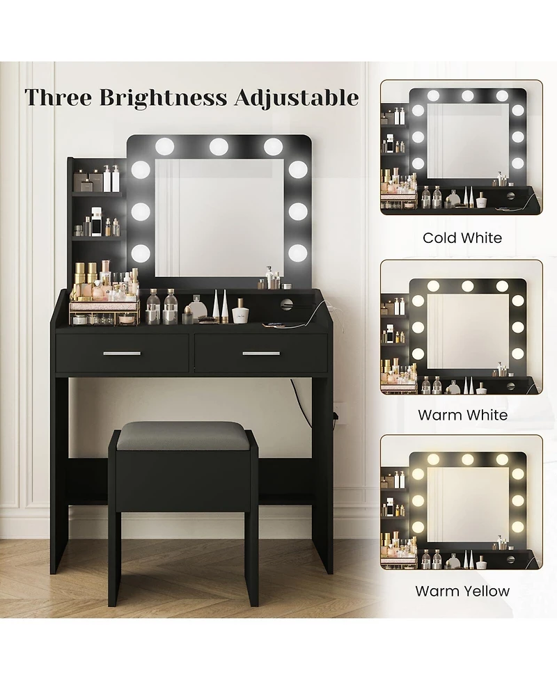gaomon Vanity Desk with Mirror and Lights, Makeup Vanity with Power Outlet