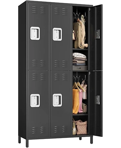 gaomon 72" Tall 6-Door Metal Office Storage Cabinet with Hooks and Shelves, Steel Locker Cabinet for Office or Gym, Black