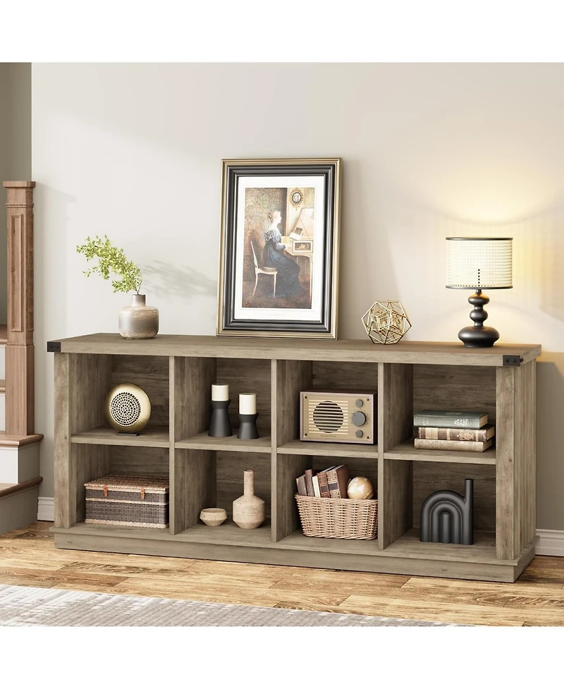 gaomon 8 Cube Storage Organizer Bookshelf, 62" Long 3-Tier Farmhouse Bookcase for Entryway or Living Room, Grey