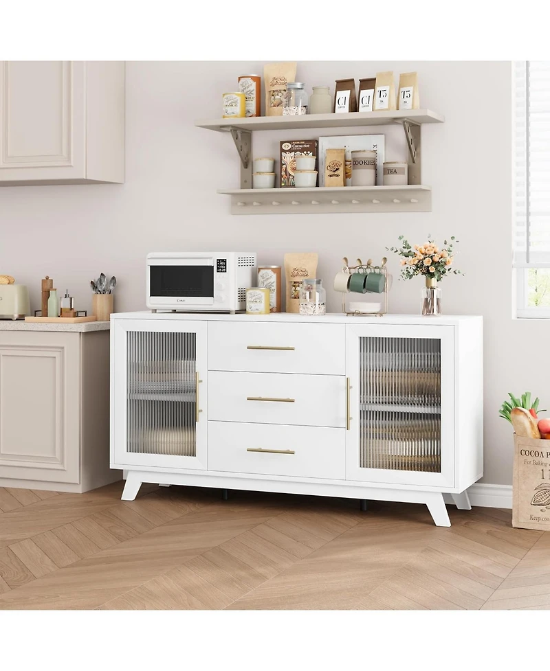 gaomon Modern Farmhouse Buffet Storage Cabinet with Glass Door, 56" Large Sideboard Cabinet with Door/3 Drawers/Adjustable Shelf