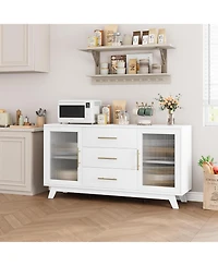 gaomon Modern Farmhouse Buffet Storage Cabinet with Glass Door, 56" Large Sideboard Cabinet with Door/3 Drawers/Adjustable Shelf