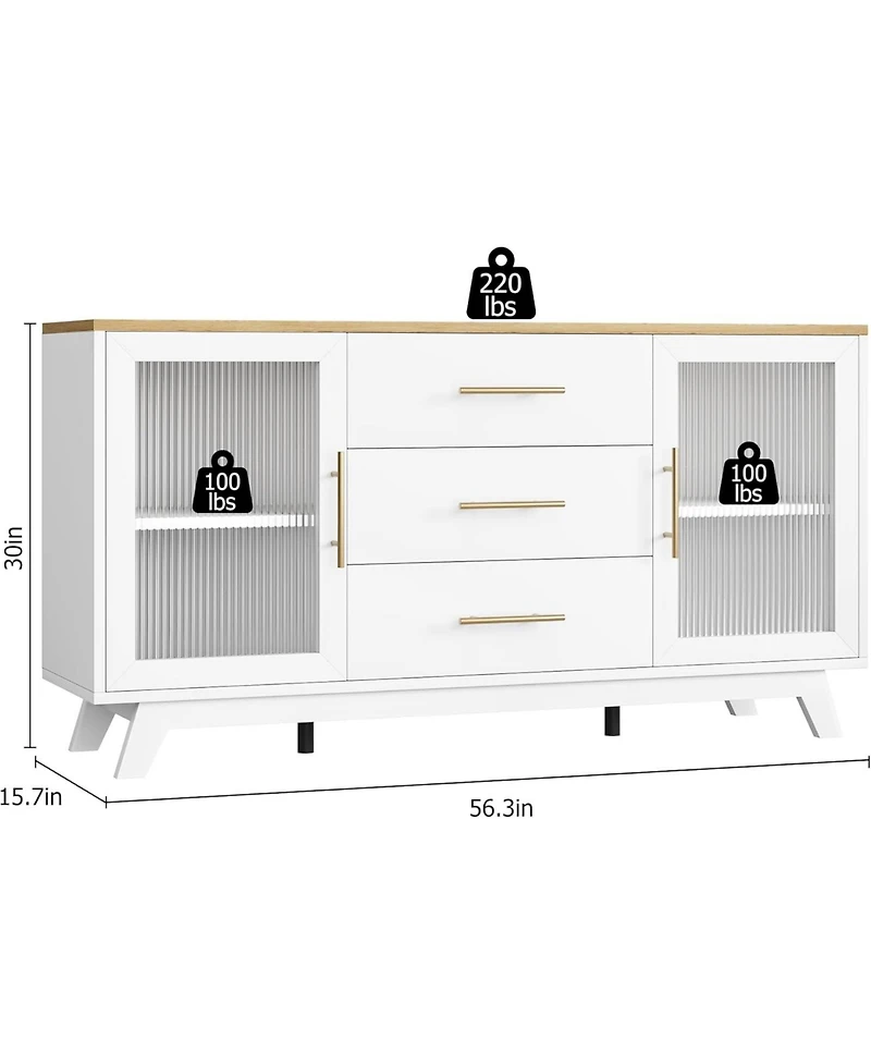gaomon Modern Farmhouse Buffet Storage Cabinet with Glass Door, 56" Large Sideboard Door/3 Drawers/Adjustable Shelf