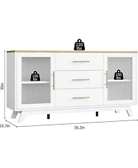 gaomon Modern Farmhouse Buffet Storage Cabinet with Glass Door, 56" Large Sideboard Door/3 Drawers/Adjustable Shelf