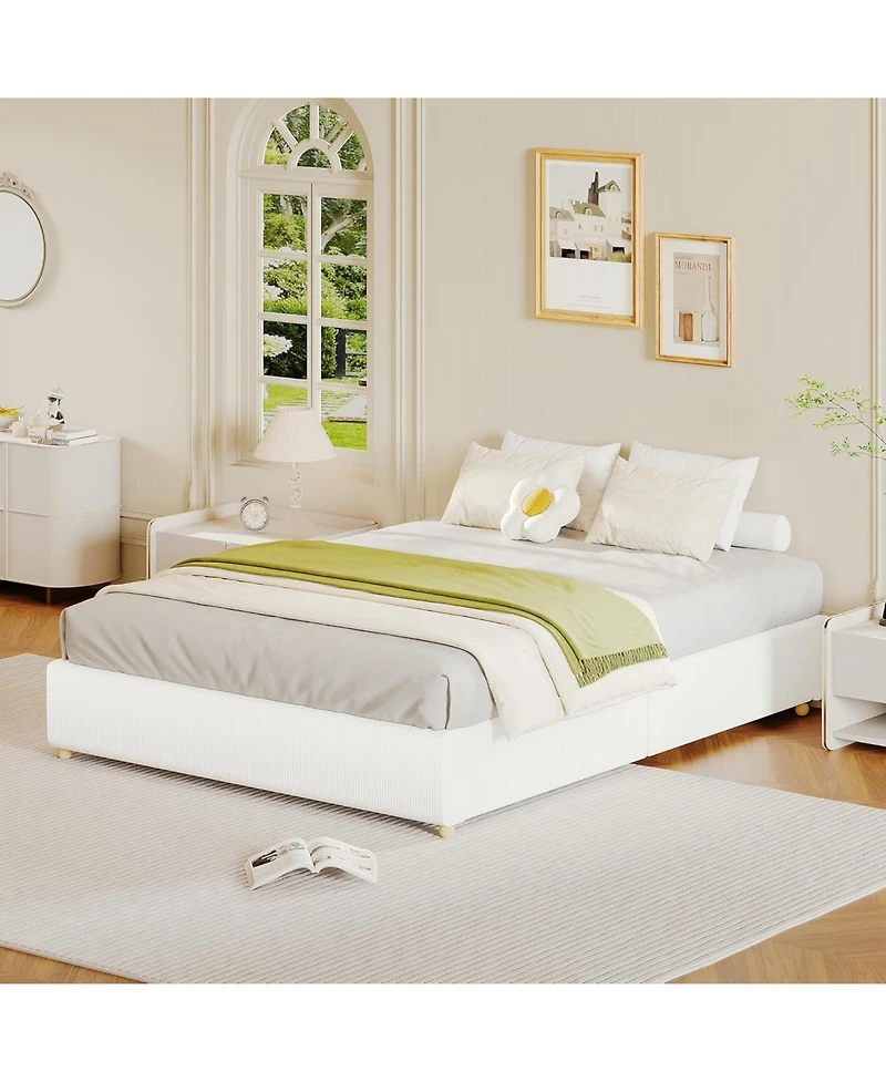 Gaomon Full Cloud Bed Frame – Corduroy Upholstered Low Platform, Solid Wood Legs, No Headboard, Box Spring Needed