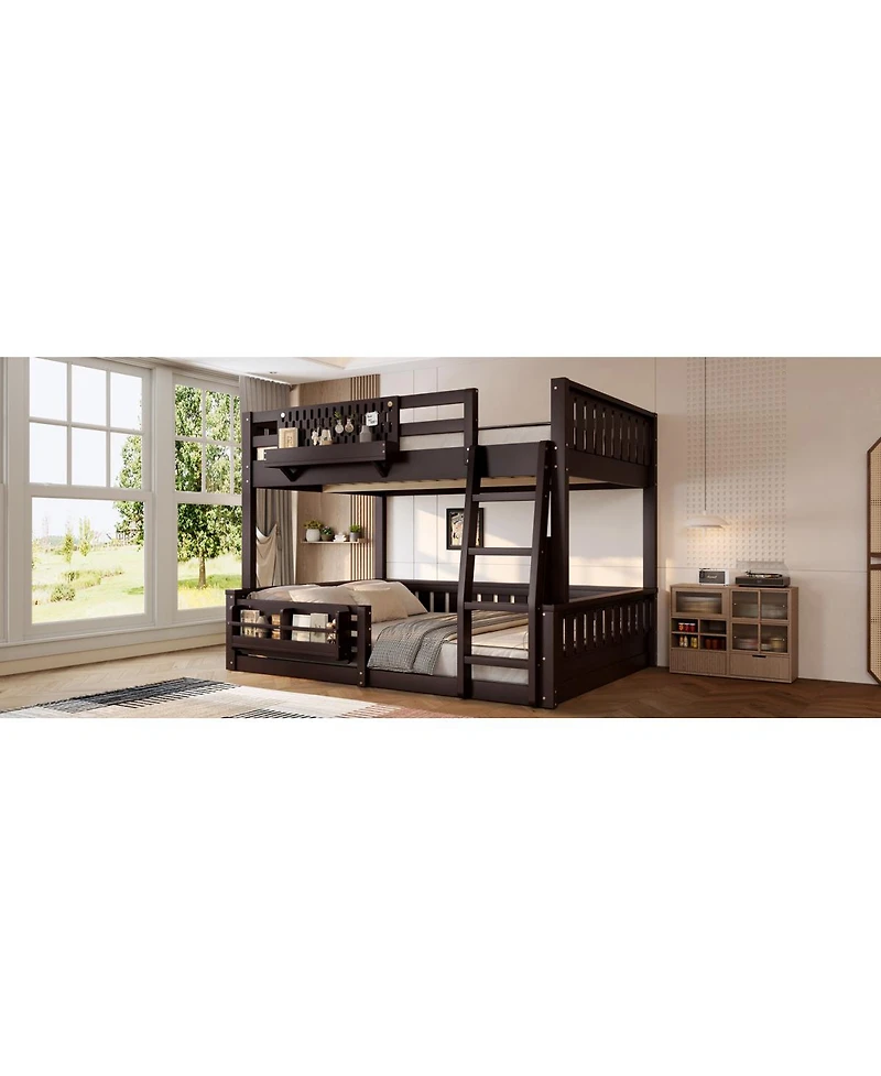 Streamdale Furniture Full Xl over Queen Bunk Bed with Ladder, Guardrails, Pegboard & Bookshelf, Espresso