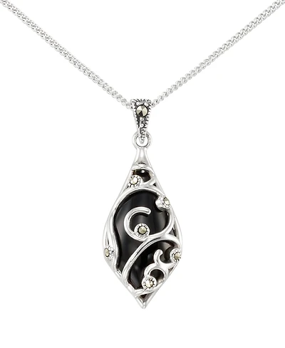 Macy's Marcasite (0.06 ct. t.w.) and Onyx (3 ct. t.w.) Teardrop Pendant Necklace in Sterling Silver