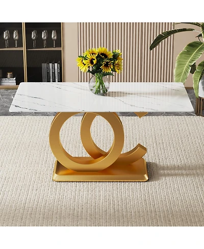 Streamdale Furniture Tempered Glass Marble Top Dining Table with Gold Oc Legs