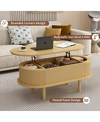 Streamdale Furniture Fluted Lift Top Coffee Table with Hidden Compartment, Modern Oval Lift Tabletop
