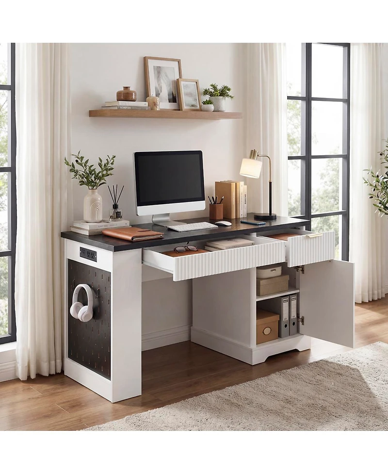 Streamdale Furniture 55" Modern Fluted Office Desk with Storage, Drawers, Power Outlet & Keyboard Tray