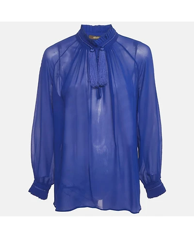 Pre-Owned Roberto Cavalli Women's Blue Silk Tassel Detailed Sheer Blouse